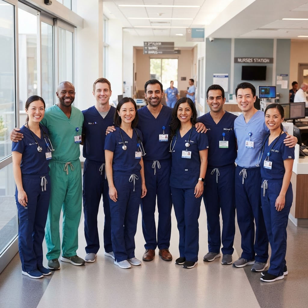 Diverse healthcare team working together